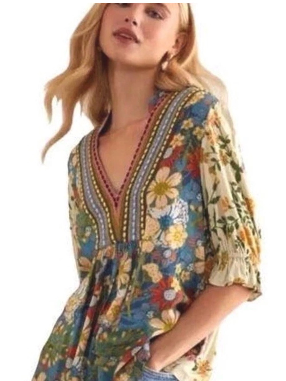 New  BI^nk London x
Anthropologie STEPHANIE L Yellow Blue Floral V-Neck Top